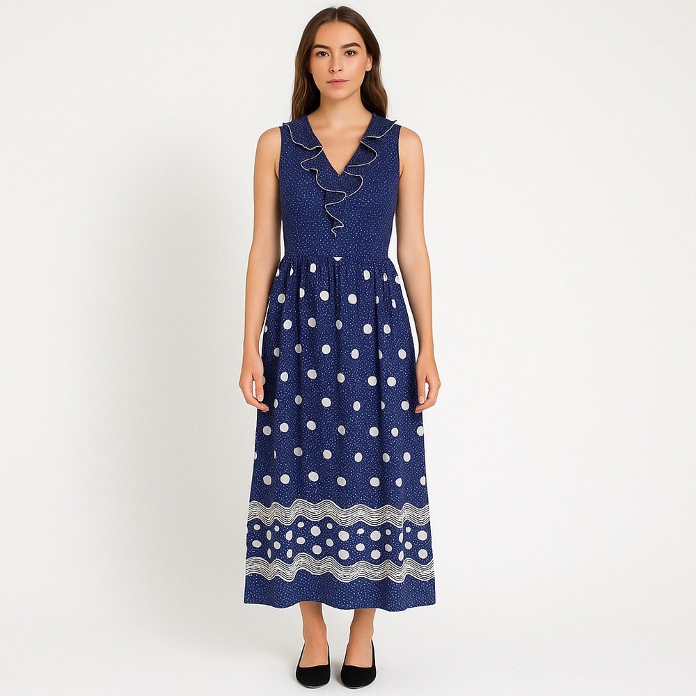 TONI TODD Vintage 70s Navy Polka Dot Embroidered‎ Maxi Dress Ruffle Neckline 4